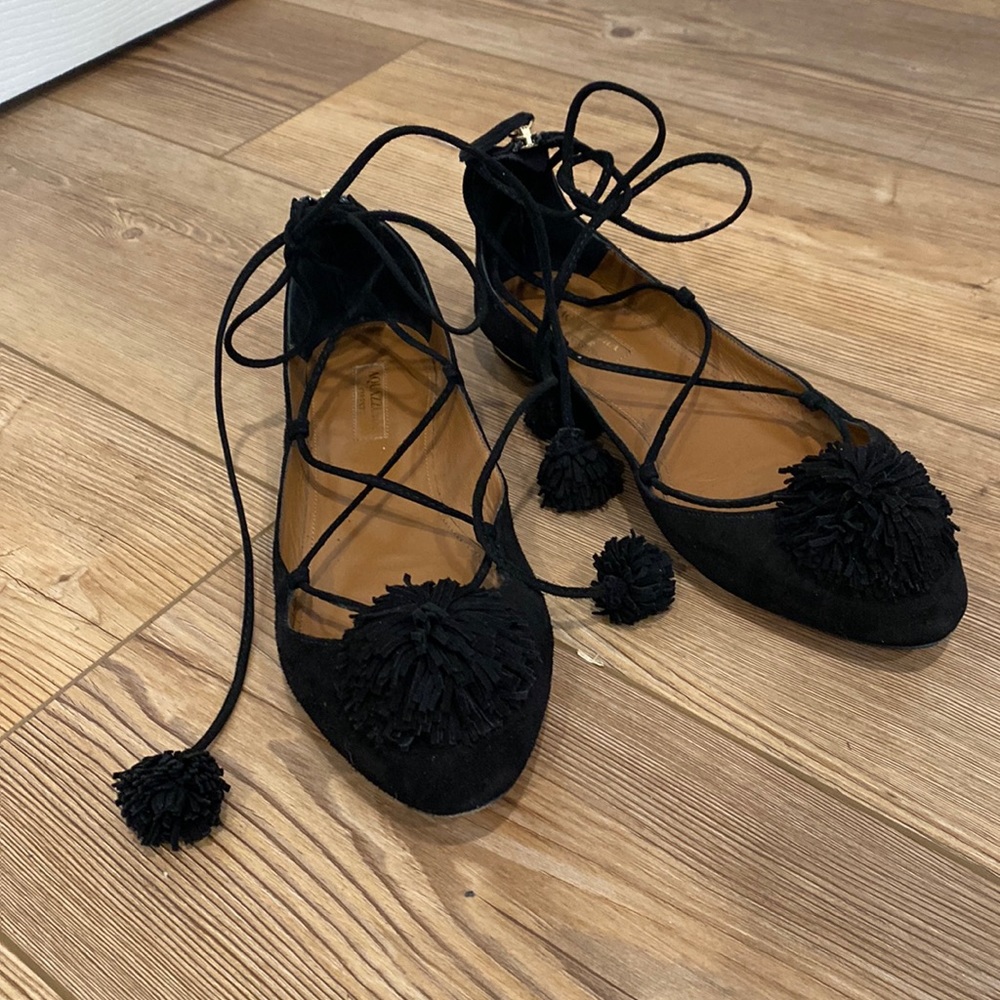 Aquazzura Black Suede Pom-Pom Lace-Up Flats
